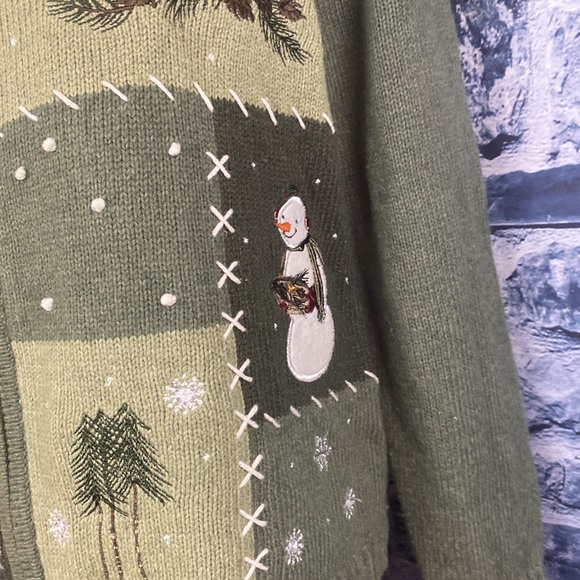 Christmas Embroidered Snowman silk blend snowflake Full Zip Up Sweater - Picture 2 of 8